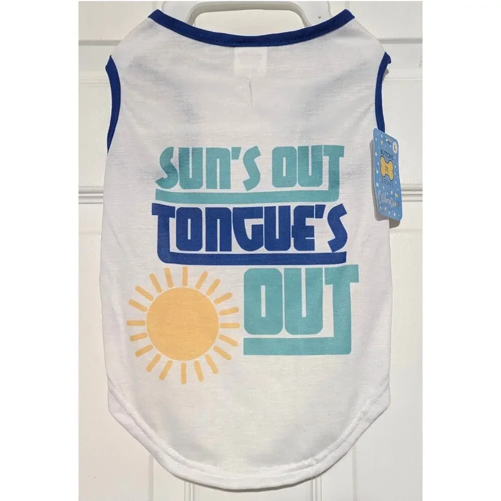 Buttons & Bones Large Dog Tank Top Sun's Out Tongue's Out Blue Trim Pet Shirt